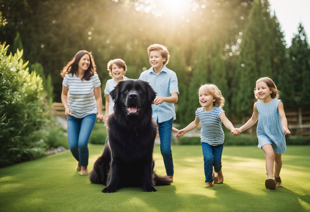A family of five playing with their friendly Newfoundland dog in a spacious backyard, surrounded by greenery and a clear blue sky