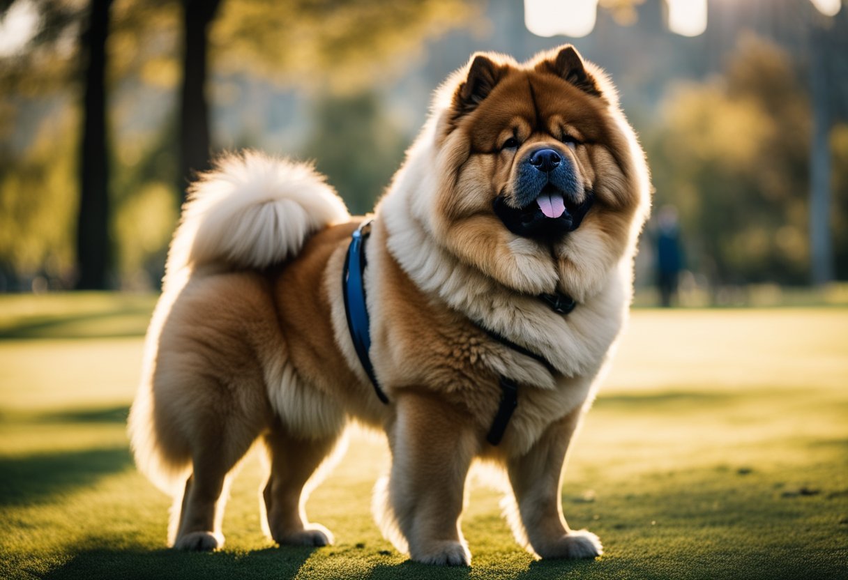 A Chow Chow dog with a blue-black tongue standing proudly, surrounded by various other dog breeds in a park setting