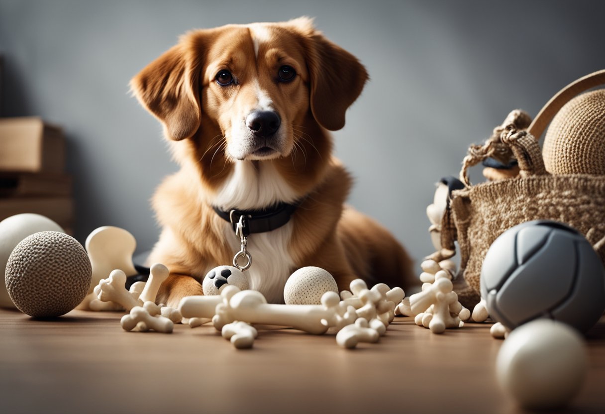 A dog surrounded by various objects, such as a ball, bone, and leash, while demonstrating understanding of different words and gestures