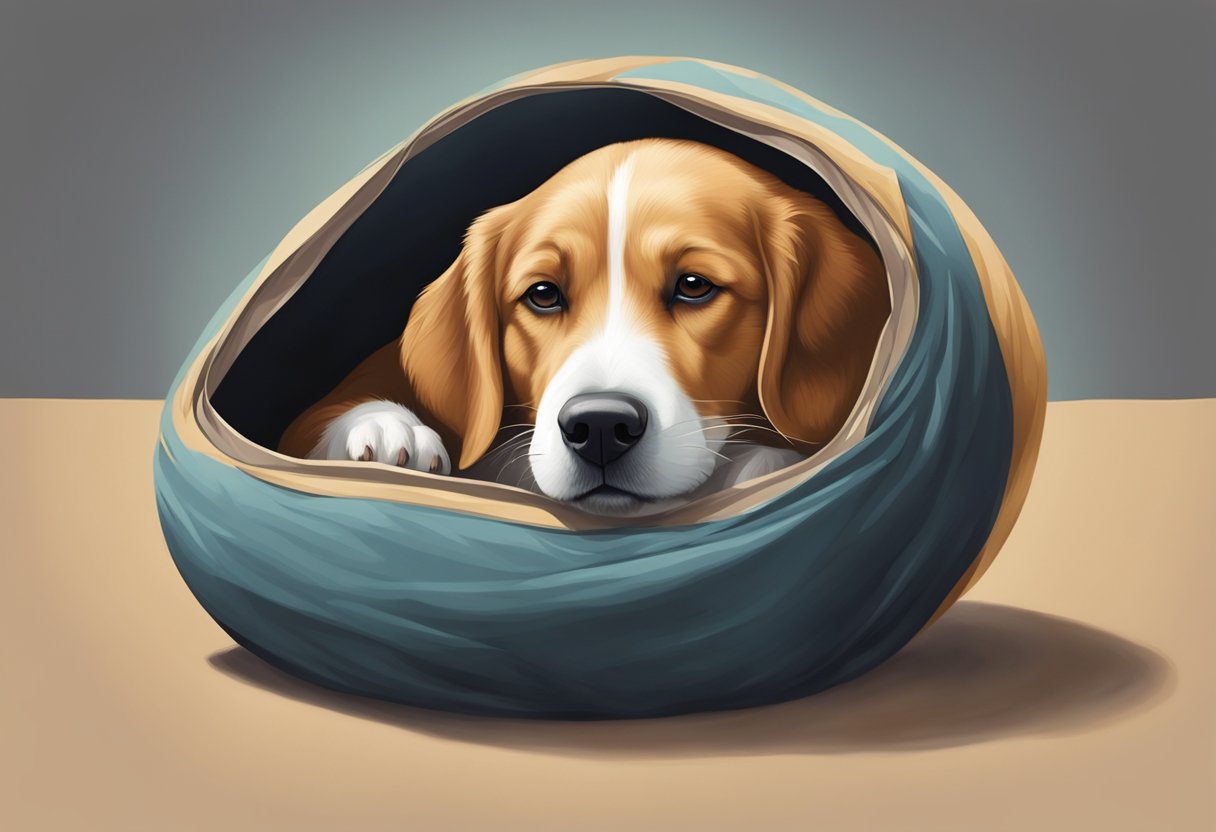 A dog curled up in a tight ball, with its tail wrapped around its body, portraying a sense of vulnerability and a need for protection