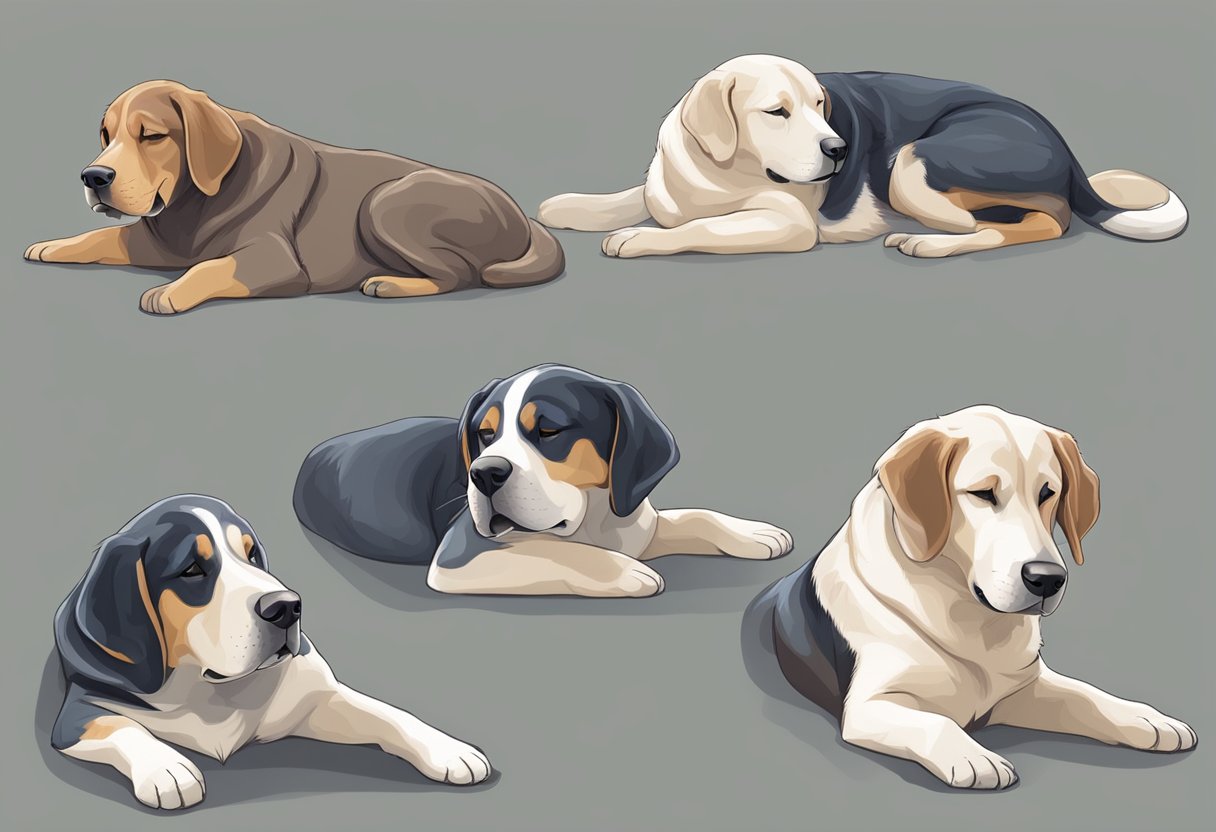 A dog peacefully sleeping in various positions, such as curled up, stretched out, or on their back, with different facial expressions reflecting their personality