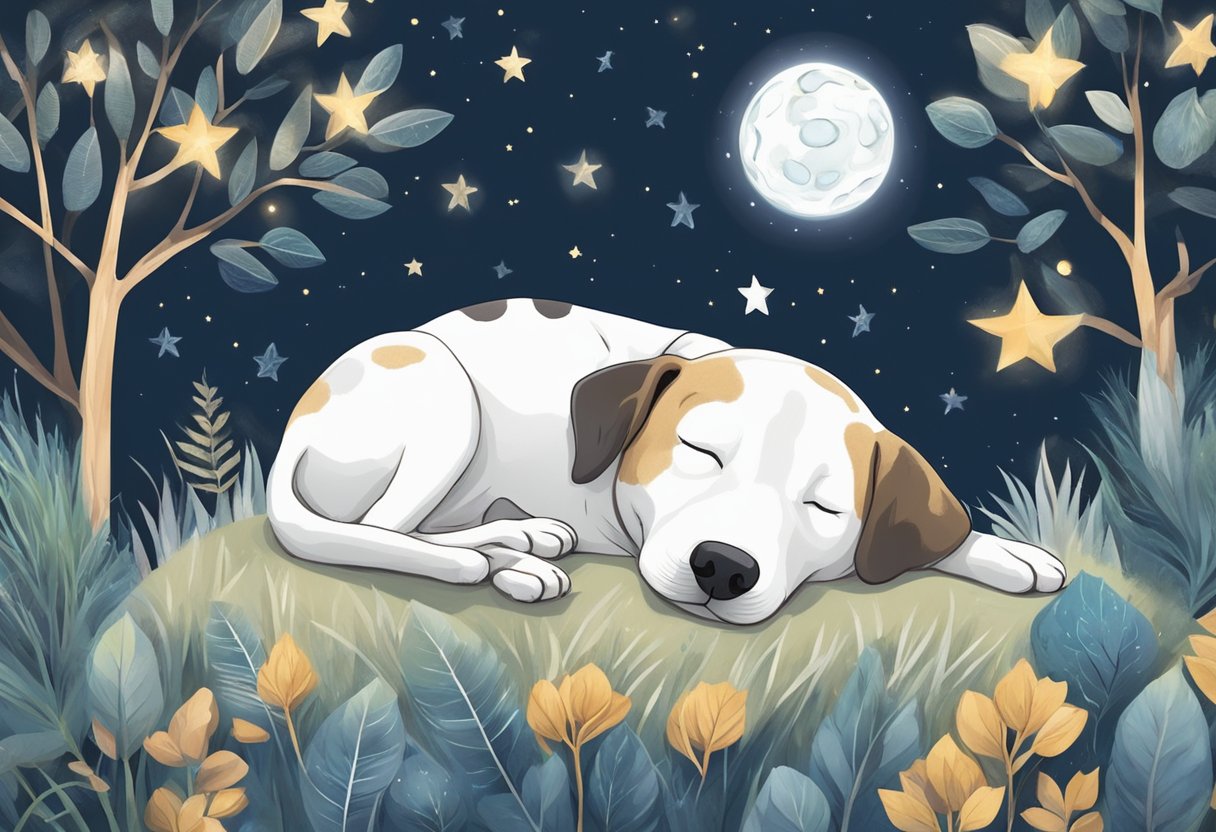 A dog peacefully sleeping in different positions under a starry night sky, surrounded by elements of nature such as trees, grass, and a gentle breeze