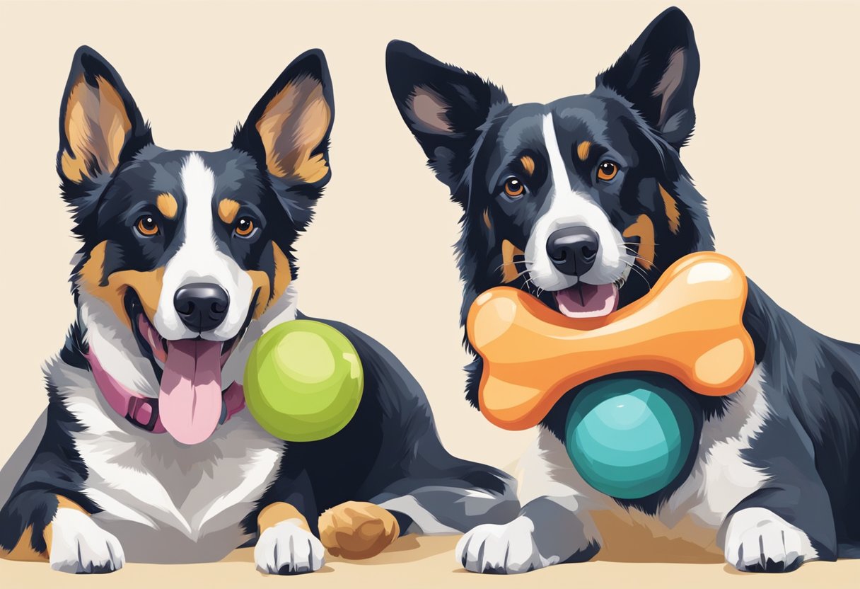 Two dogs sitting face to face, each holding a squeaky toy in their mouth, tails wagging in excitement