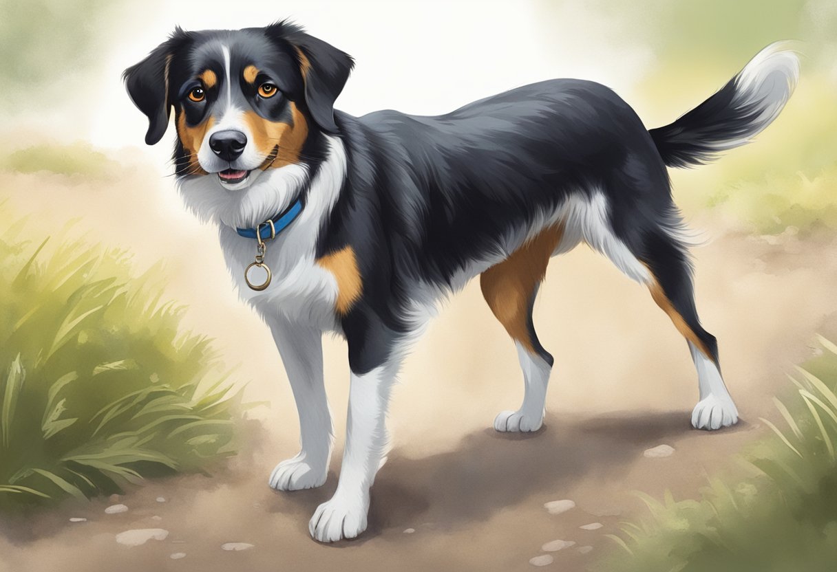 A dog wagging its tail eagerly while looking up at its owner with adoring eyes