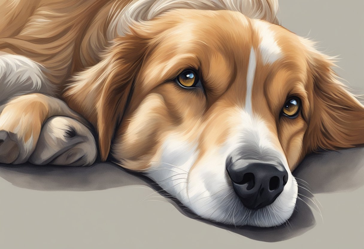A dog resting its head against a person's leg, looking up with adoring eyes