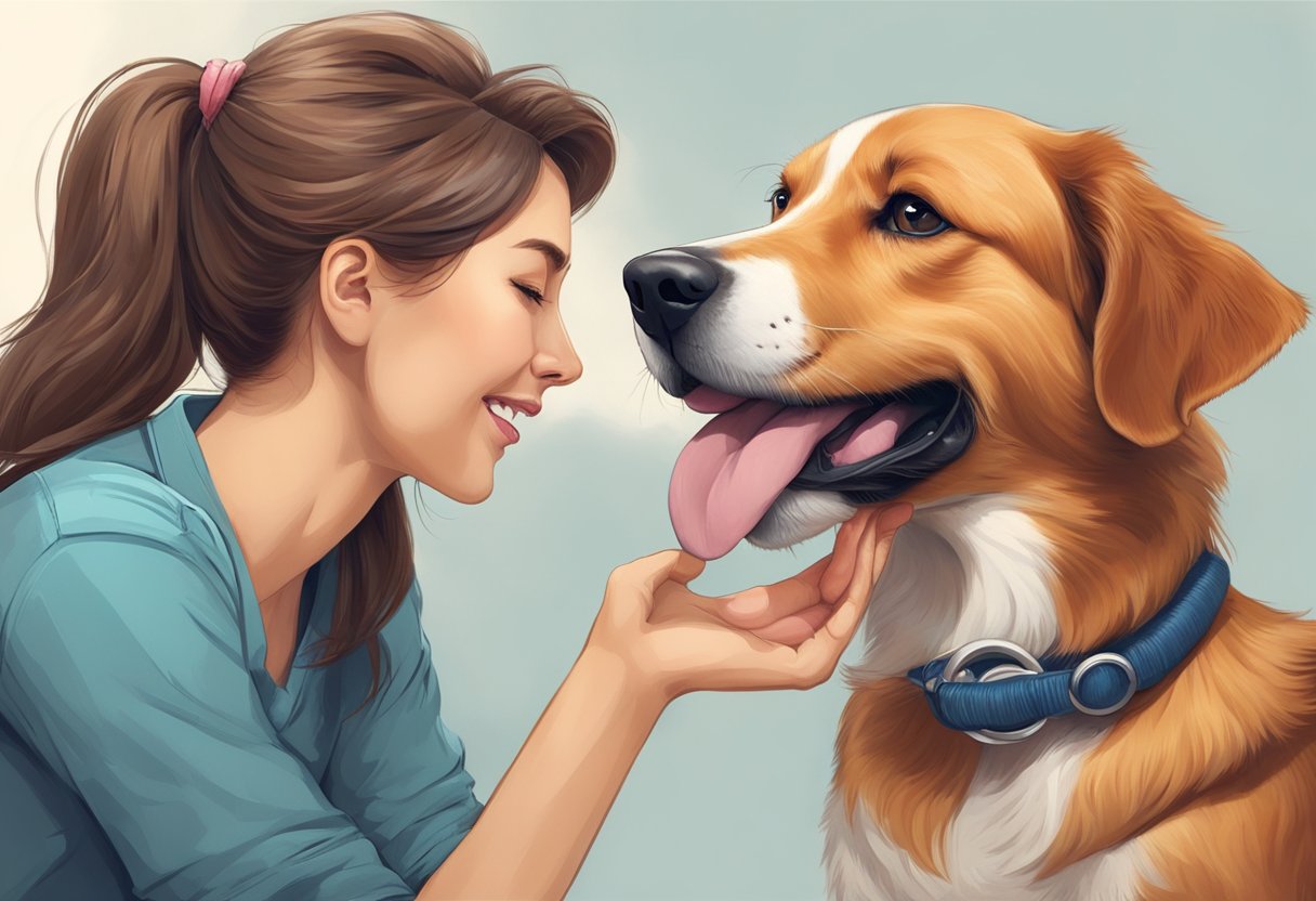 A dog wagging its tail, licking its owner's face, bringing them a toy, snuggling close, and making eye contact with a loving gaze