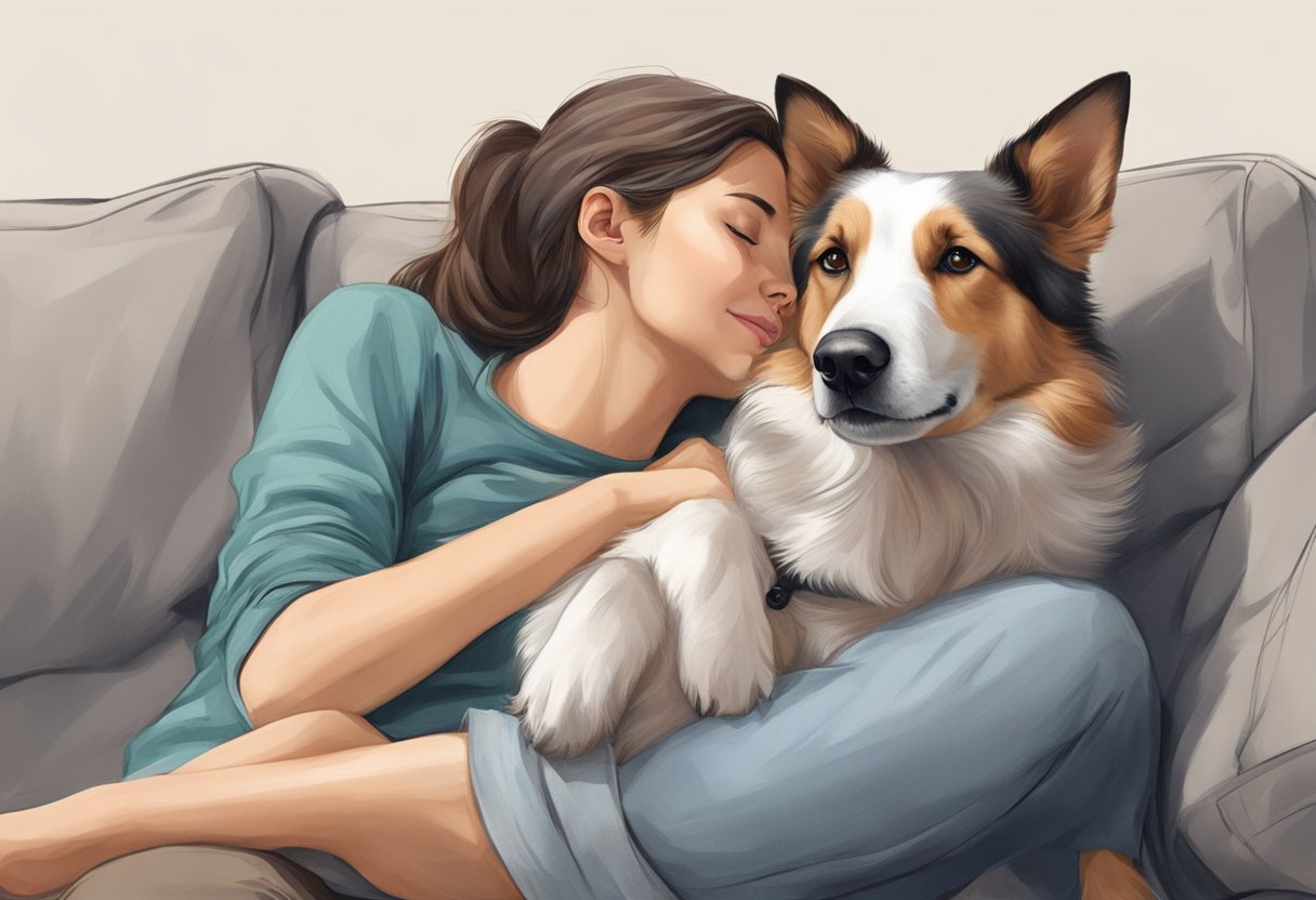 A dog resting its head on its owner's lap, gazing up with adoring eyes. Tail wagging and leaning in for affectionate nuzzles