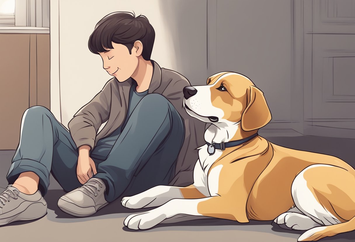 A dog lying at the feet of its owner, gazing up at them with a contented expression, while the owner smiles and pets the dog's head