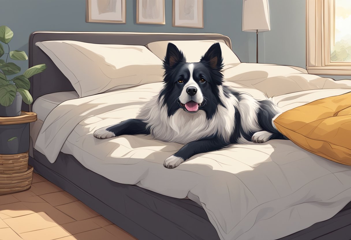 A dog sprawled out in the middle of a large, plush bed, with a confident and assertive posture, taking up most of the space