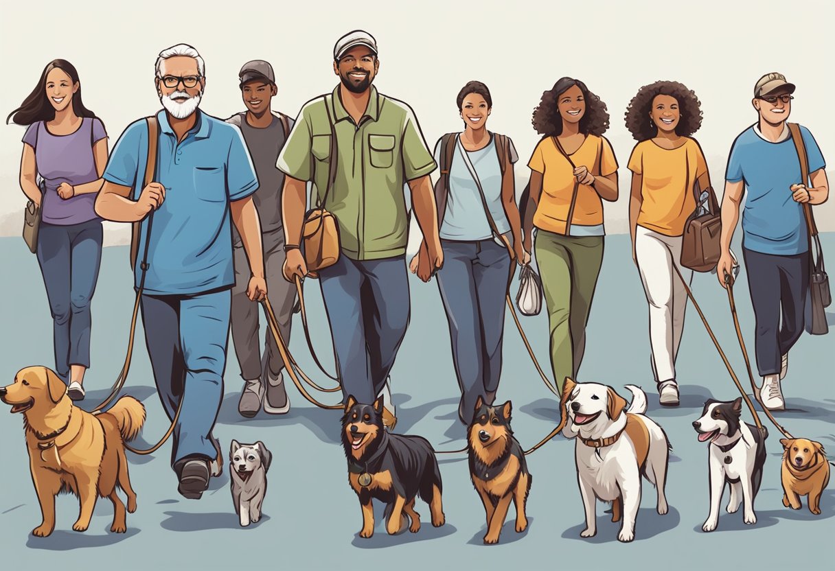 A dog trainer walks confidently with a variety of dog breeds following obediently on leash, demonstrating their consistent walking schedule