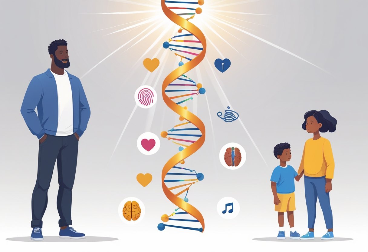 A father and child connected by a glowing DNA strand with six symbols representing traits inherited from the father.