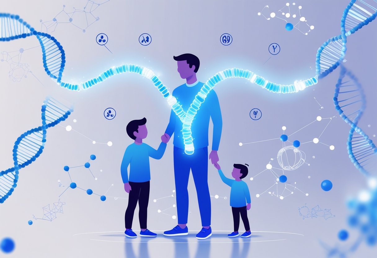 A father and child connected by a glowing Y-shaped chromosome strand, symbolizing traits inherited only from fathers, surrounded by abstract DNA strands and six small icons representing different inherited traits.