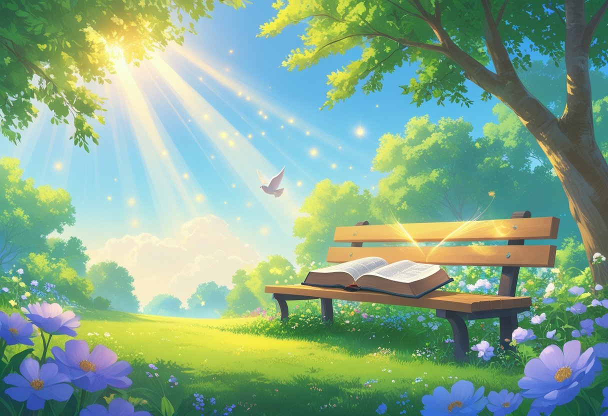A peaceful garden scene with an open Bible on a wooden bench surrounded by flowers, trees, and gentle sunlight.