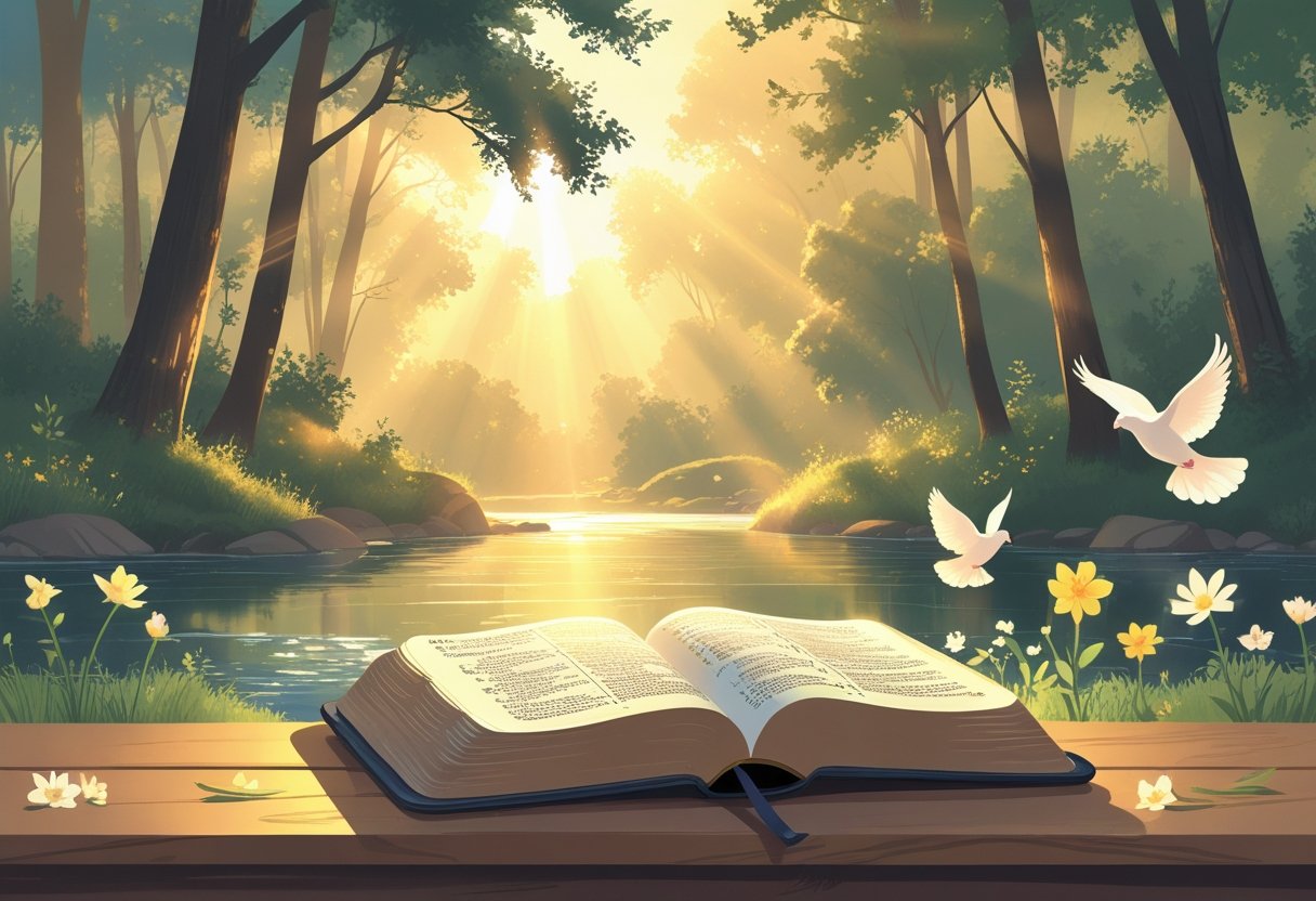 A peaceful natural scene with sunlight shining through trees over a calm river, an open Bible on a wooden surface, and doves flying nearby.