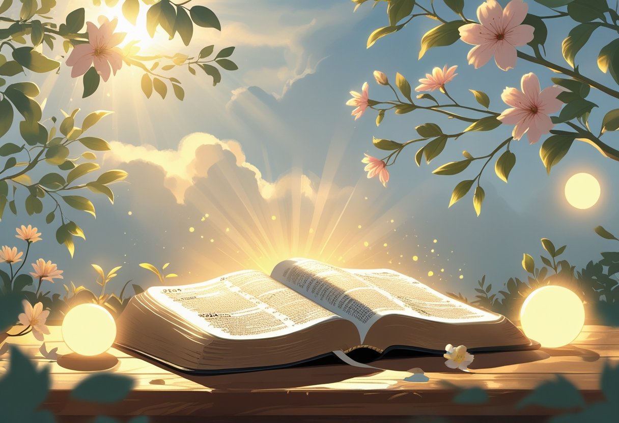 An open Bible on a wooden table with sunlight, surrounded by flowers and soft light, under a calm sky.