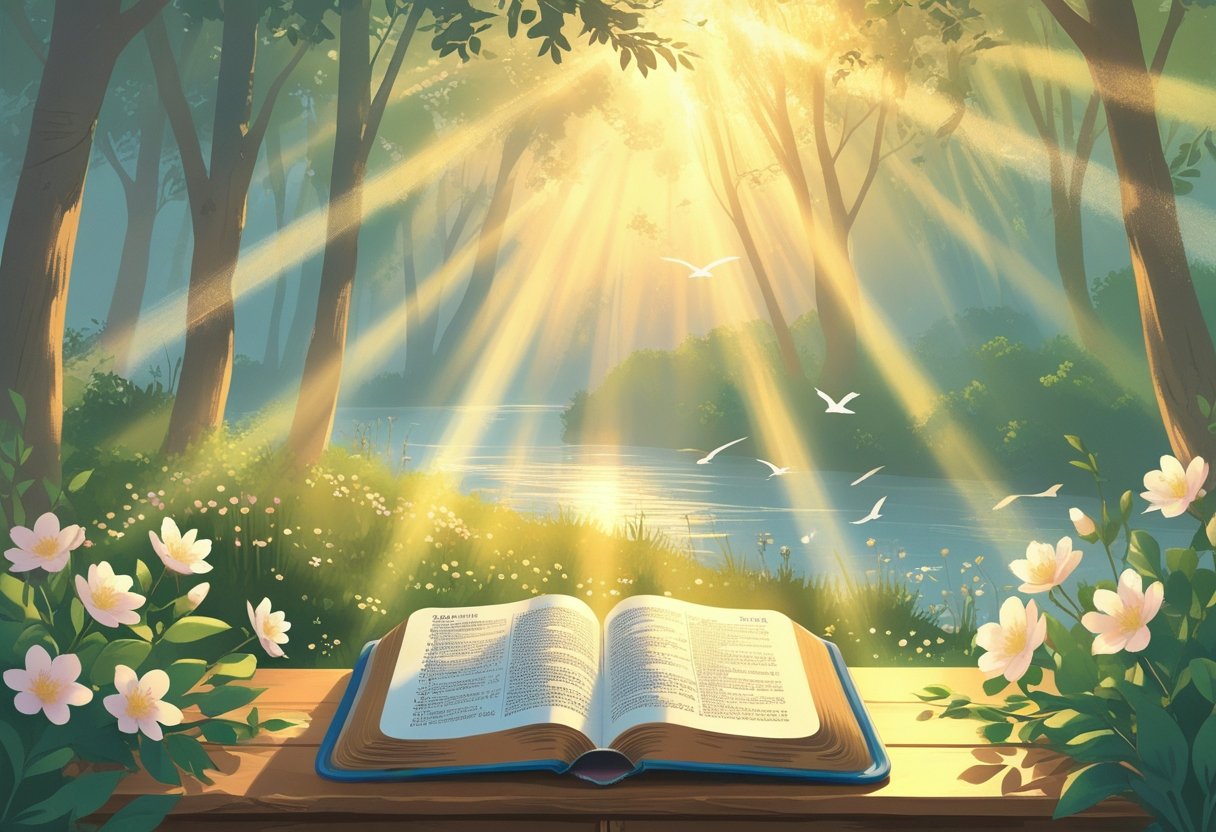 An open Bible on a wooden table surrounded by flowers and trees with sunlight shining through, near a calm river with birds flying overhead.